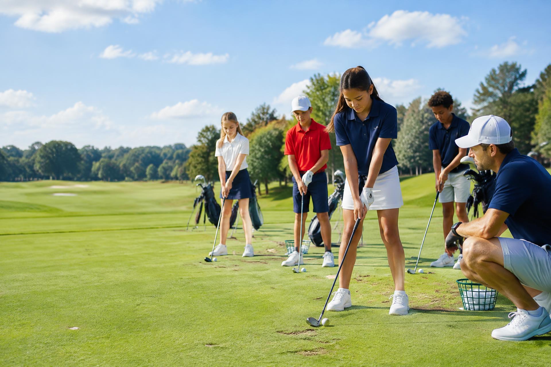 Junior golfers practicing with a coach on a sunny golf course